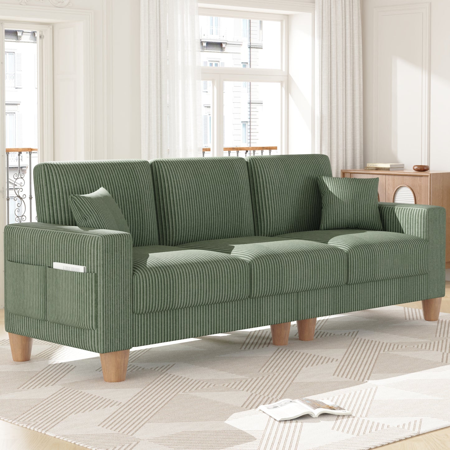 3 Seater Sofa for Living Room, AAQZ 101" Comfy Corduroy Couch, Solid Wood Leg, 2 Pillows, Green