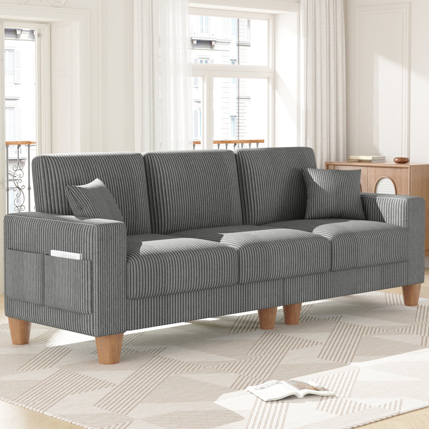 3 Seater Sofa for Living Room, AAQZ 101" Comfy Corduroy Couch, Solid Wood Leg, 2 Pillows, Gray