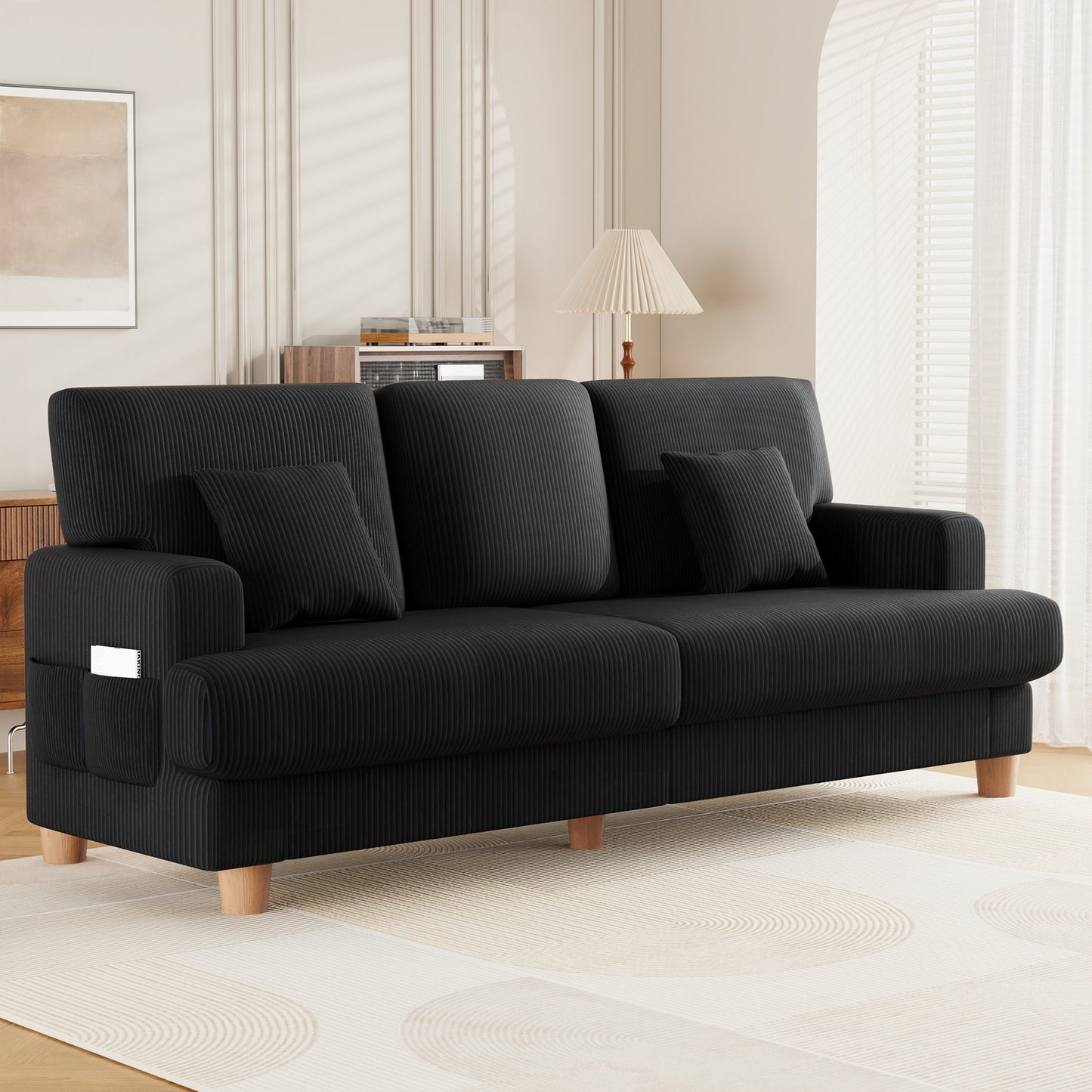 3 Seater Sofa for Living Room, AAQZ 87" Comfy Corduroy Couch, Solid Wood Leg, 2 Pillows, Black