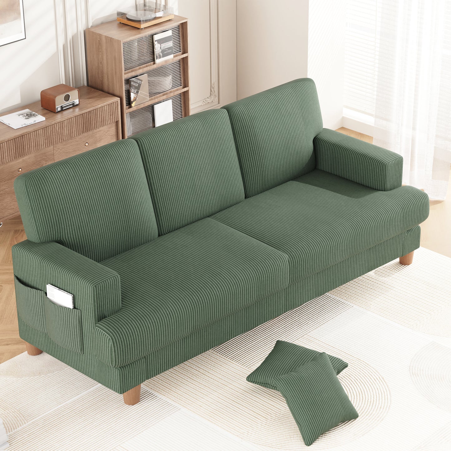 3 Seater Sofa for Living Room, AAQZ 87" Comfy Corduroy Couch, Solid Wood Leg, 2 Pillows, Green