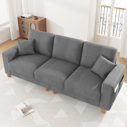 3 Seater Sofa for Living Room, AAQZ 101" Comfy Corduroy Couch, Solid Wood Leg, 2 Pillows, Gray