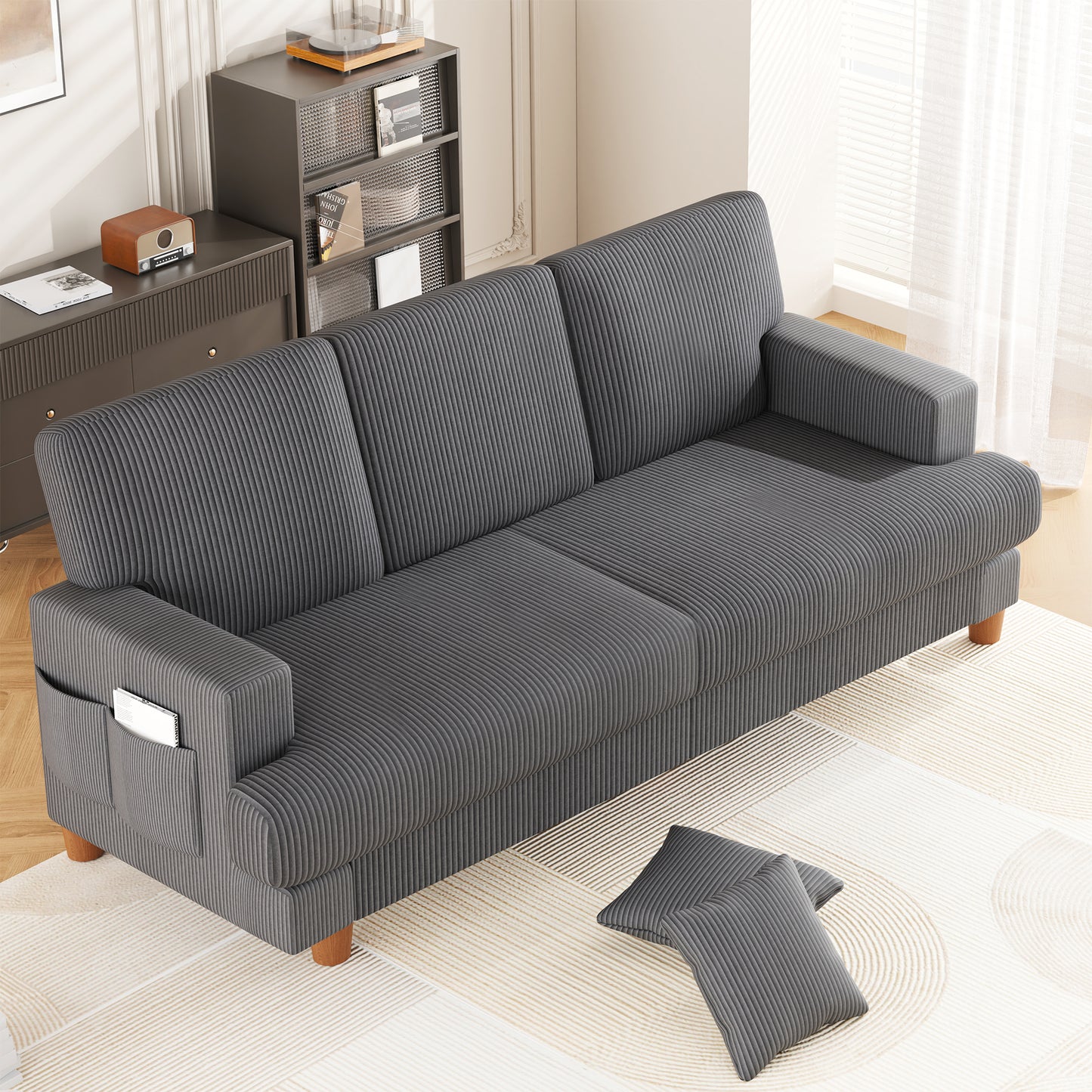 3 Seater Sofa for Living Room, AAQZ 87" Comfy Corduroy Couch, Solid Wood Leg, 2 Pillows, Gray