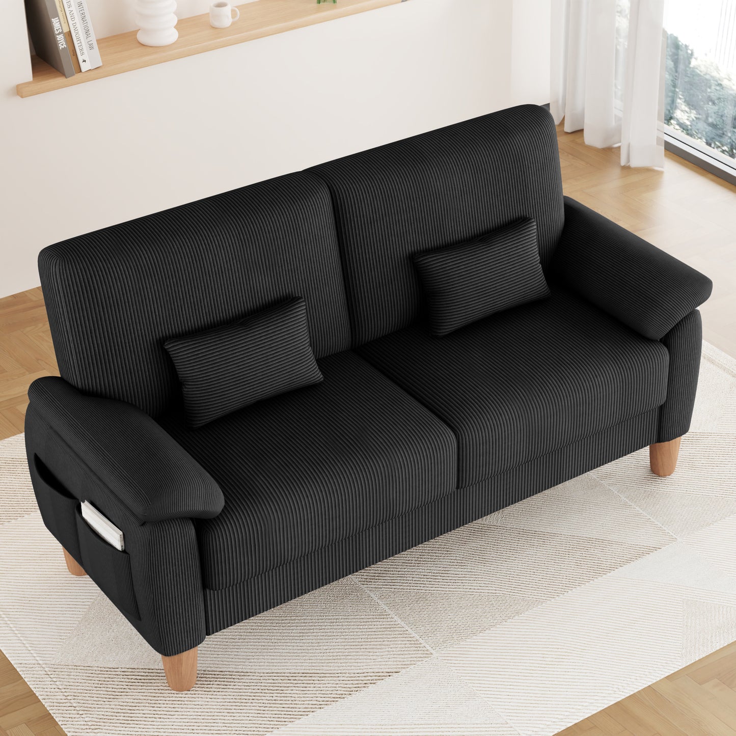 71” Corduroy Sofa for Living Room, AAQZ Small Comfy Couch for Small Space, One Box, Loveseat,Black