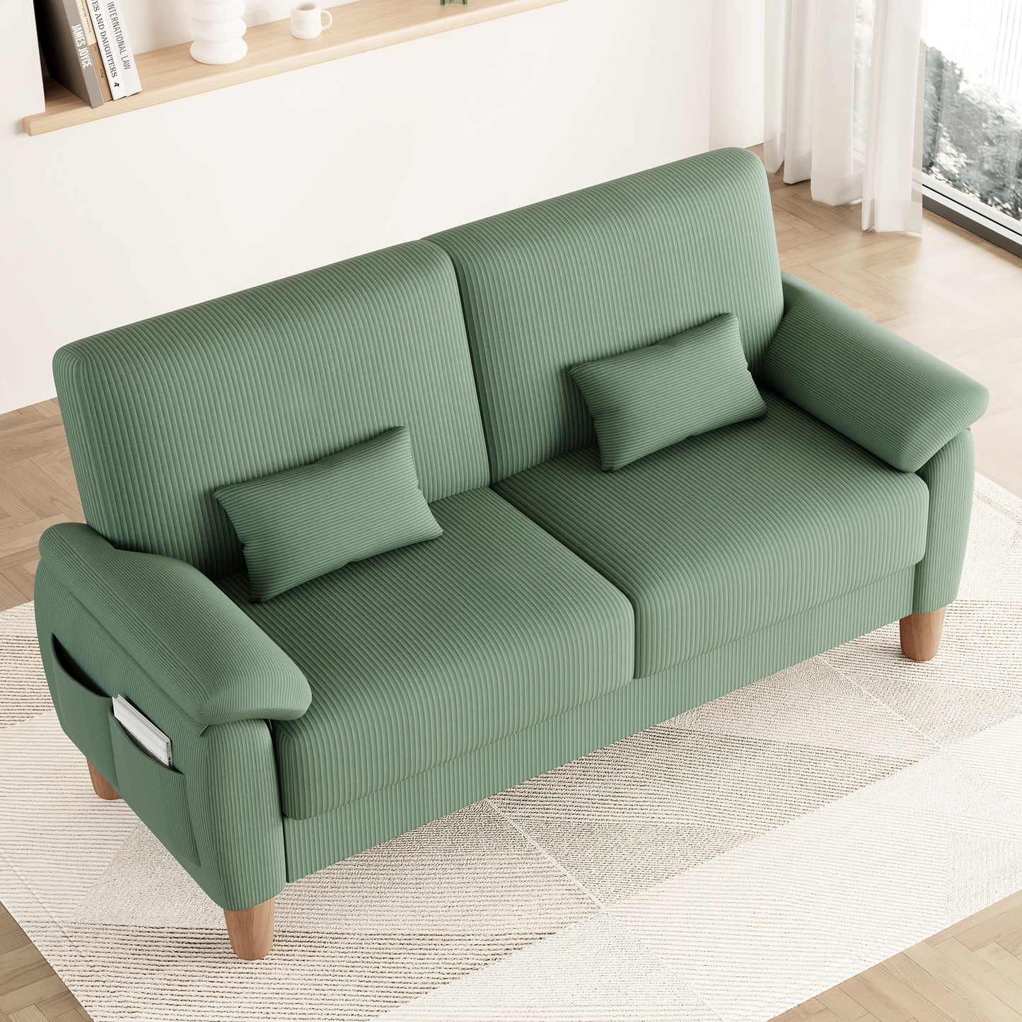 71” Corduroy Sofa for Living Room, AAQZ Small Comfy Couch for Small Space, One Box, Loveseat,Green