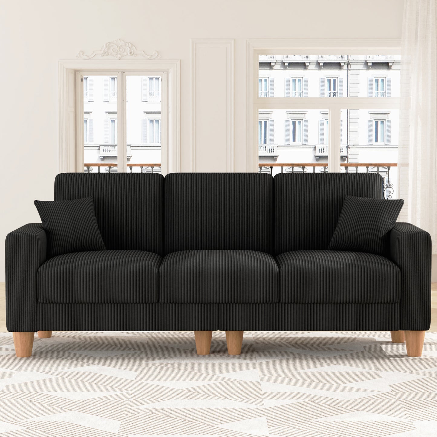 3 Seater Sofa for Living Room, AAQZ 101" Comfy Corduroy Couch, Solid Wood Leg, 2 Pillows, Black