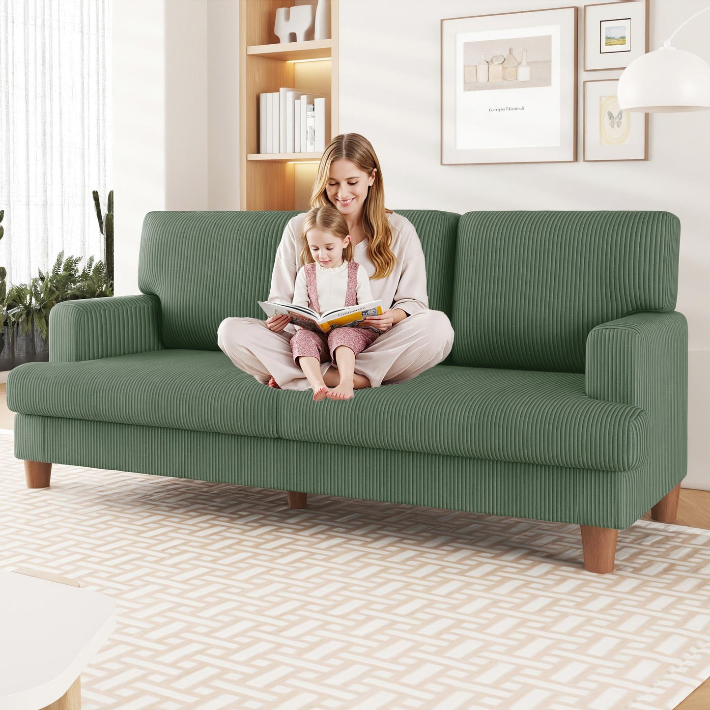 3 Seater Sofa for Living Room, AAQZ 87" Comfy Corduroy Couch, Solid Wood Leg, 2 Pillows, Green
