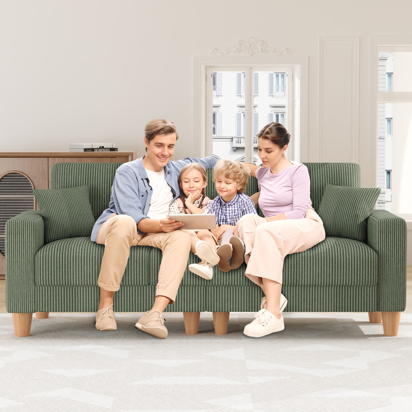 3 Seater Sofa for Living Room, AAQZ 101" Comfy Corduroy Couch, Solid Wood Leg, 2 Pillows, Green