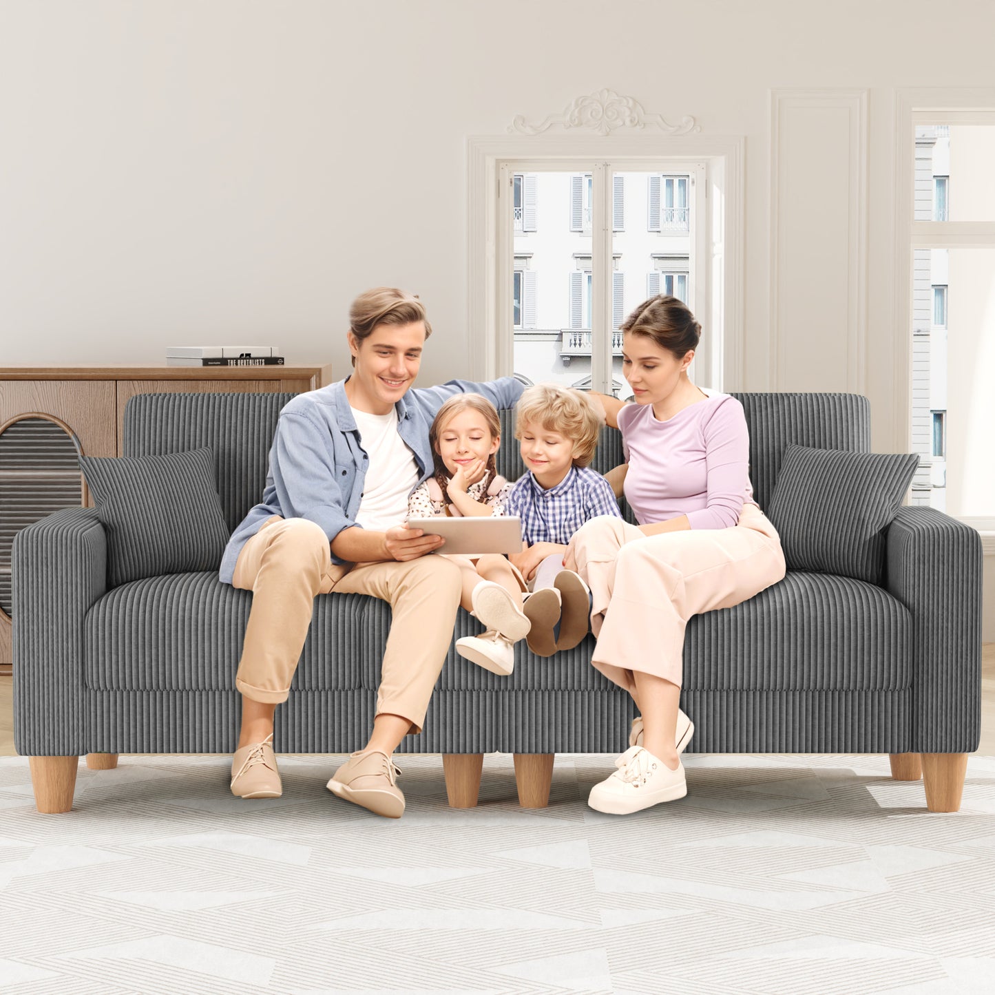3 Seater Sofa for Living Room, AAQZ 101" Comfy Corduroy Couch, Solid Wood Leg, 2 Pillows, Gray