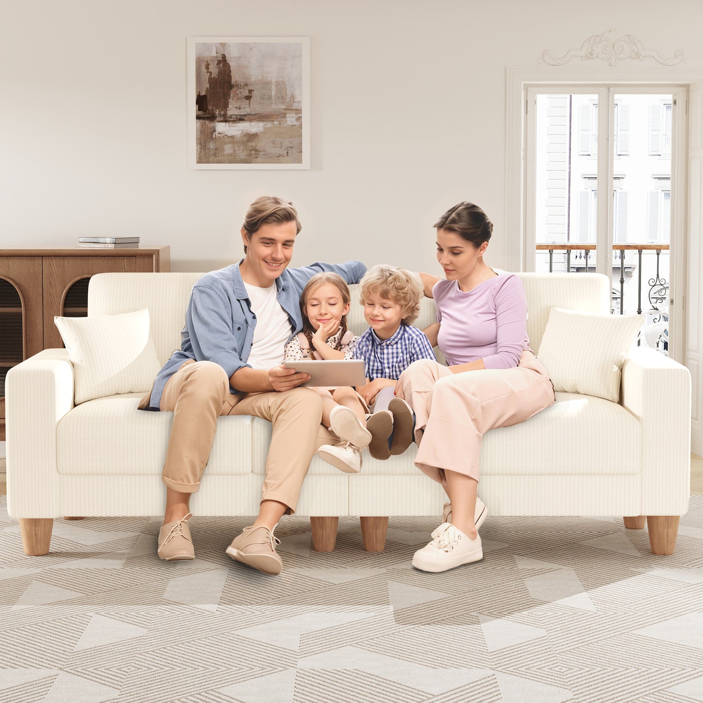 3 Seater Sofa for Living Room, AAQZ 101" Comfy Corduroy Couch, Solid Wood Leg, 2 Pillows, Beige