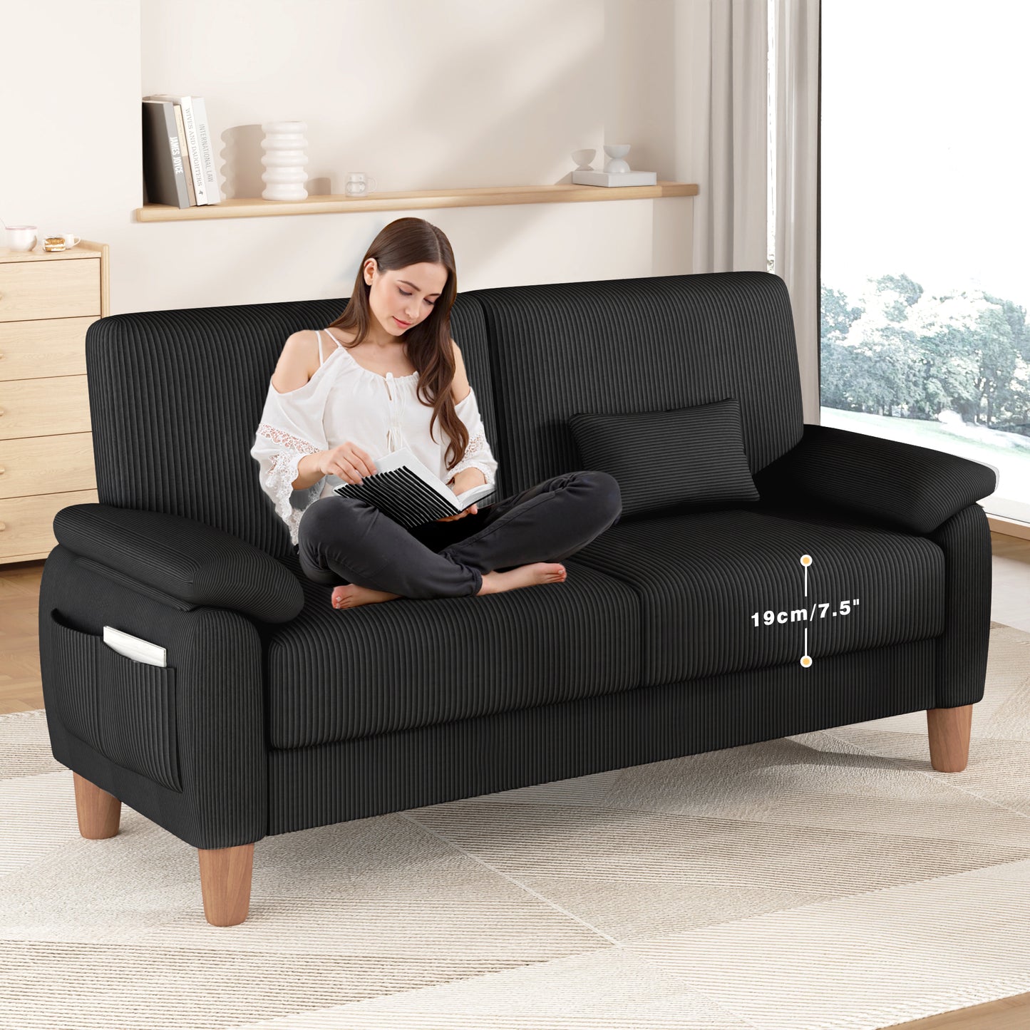 71” Corduroy Sofa for Living Room, AAQZ Small Comfy Couch for Small Space, One Box, Loveseat,Black