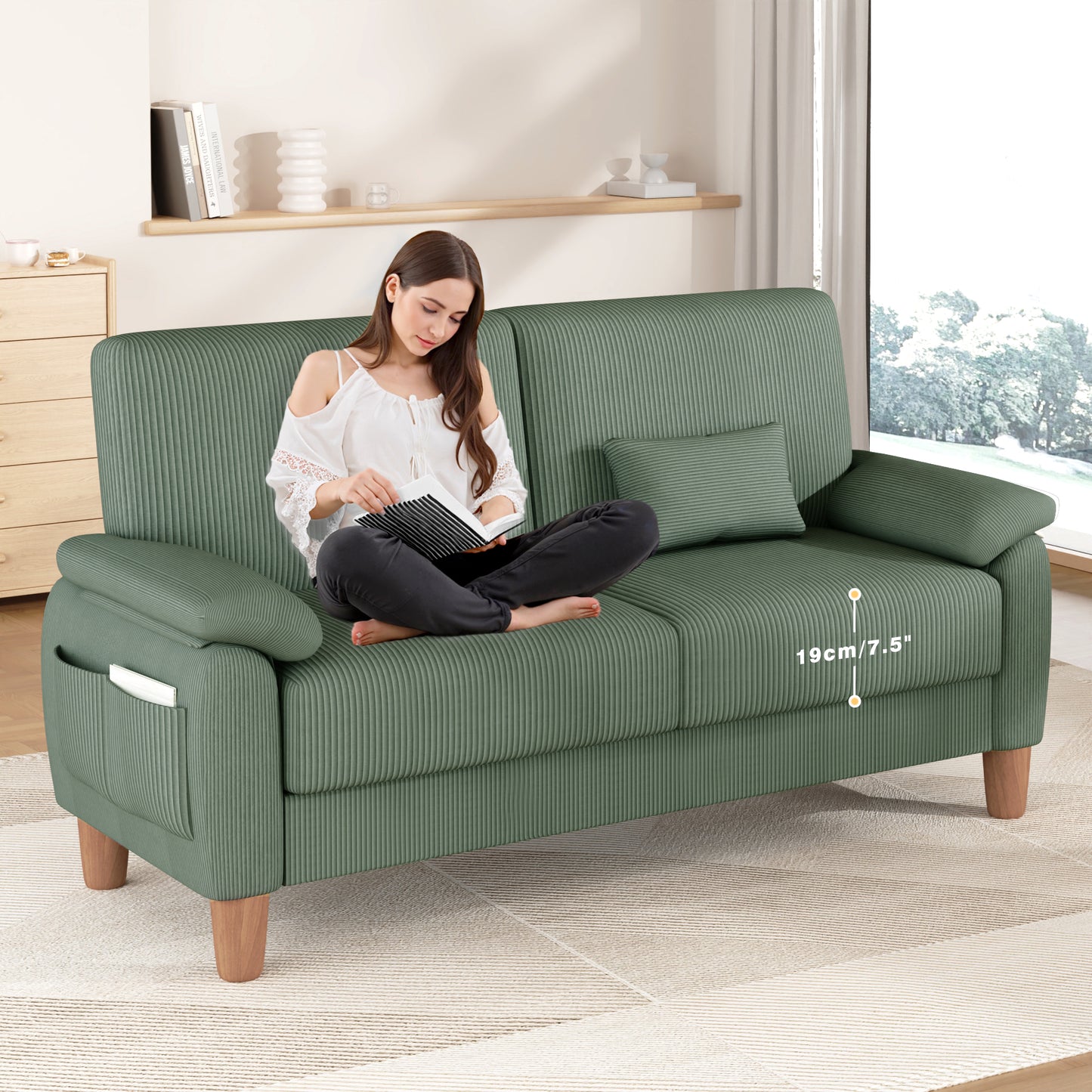 71” Corduroy Sofa for Living Room, AAQZ Small Comfy Couch for Small Space, One Box, Loveseat,Green
