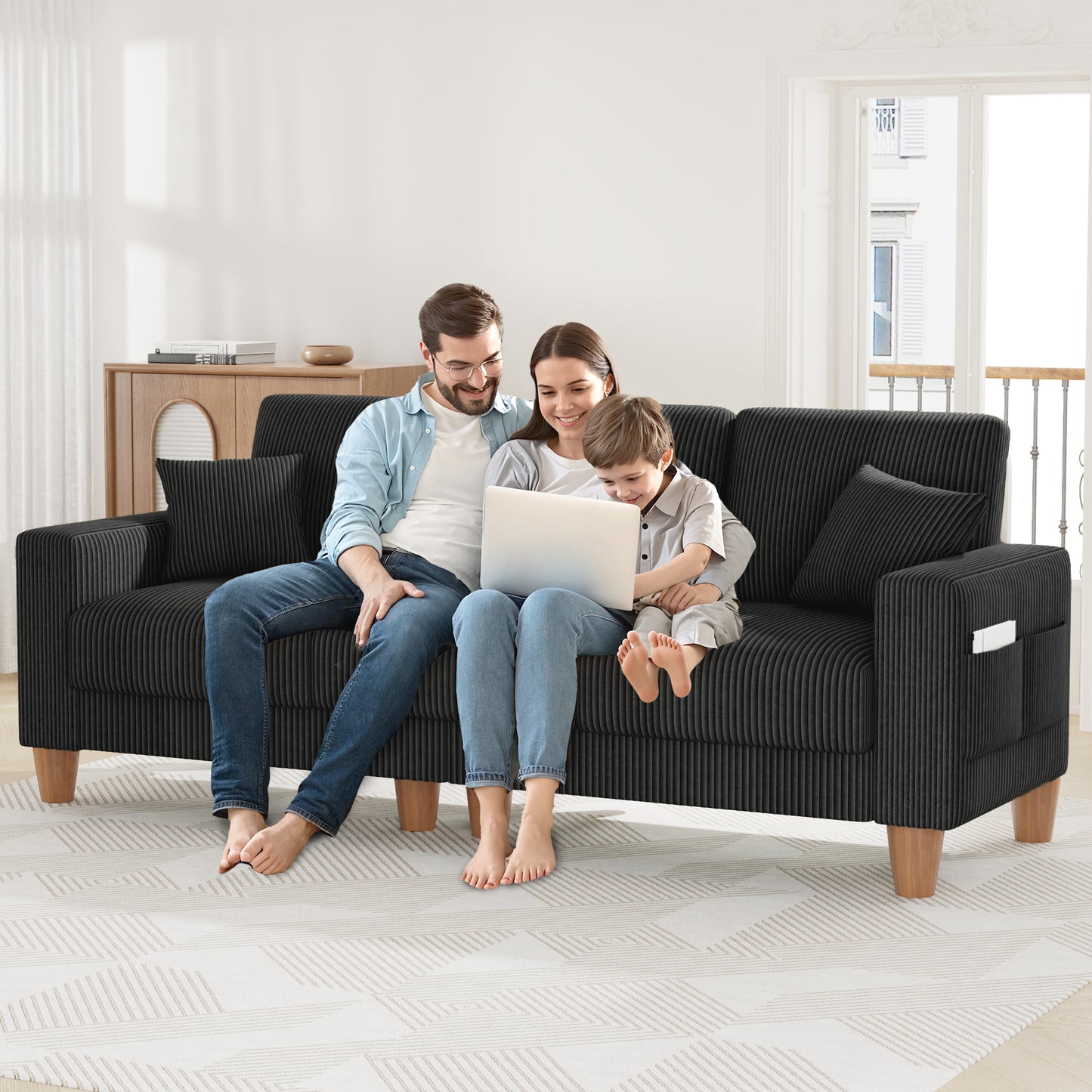 3 Seater Sofa for Living Room, AAQZ 101" Comfy Corduroy Couch, Solid Wood Leg, 2 Pillows, Black