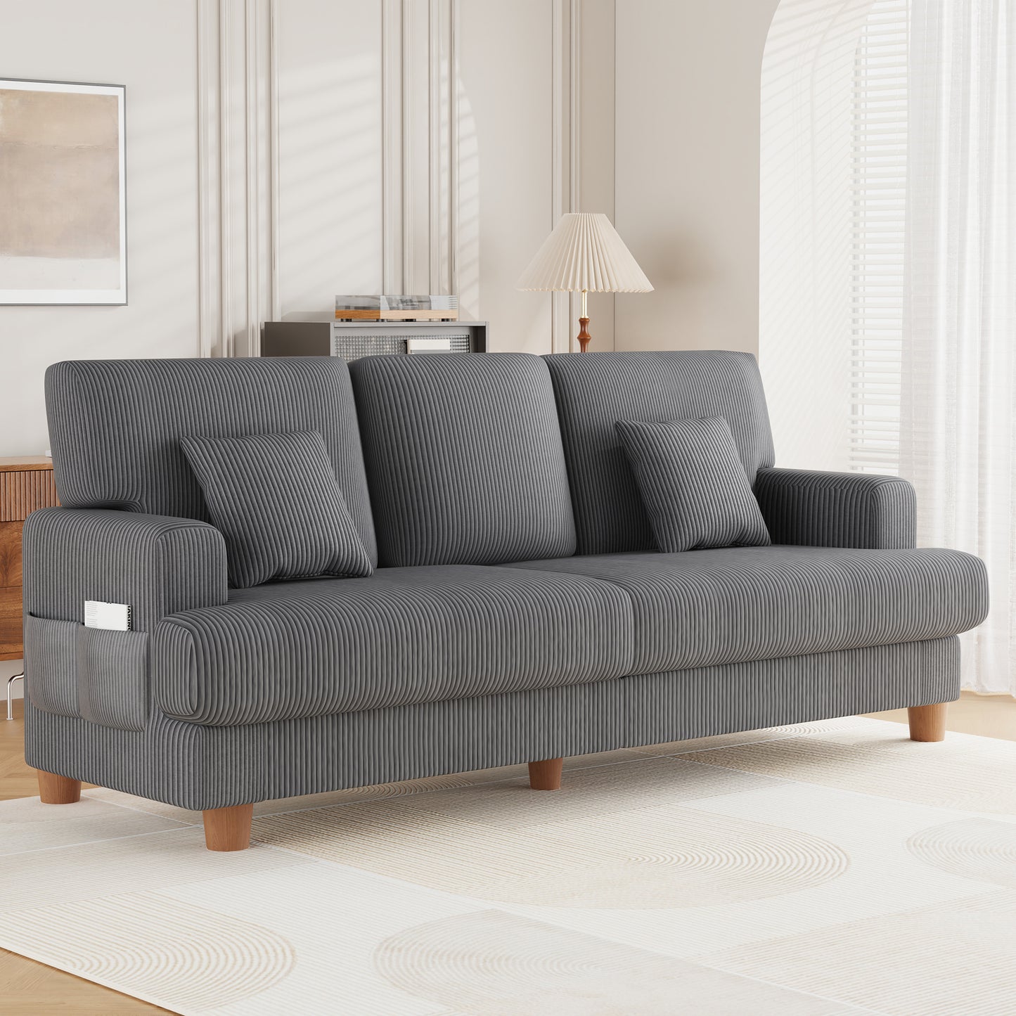 3 Seater Sofa for Living Room, AAQZ 87" Comfy Corduroy Couch, Solid Wood Leg, 2 Pillows, Gray