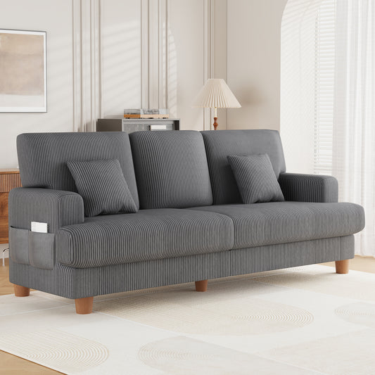 3 Seater Sofa for Living Room, AAQZ 87" Comfy Corduroy Couch, Solid Wood Leg, 2 Pillows, Gray