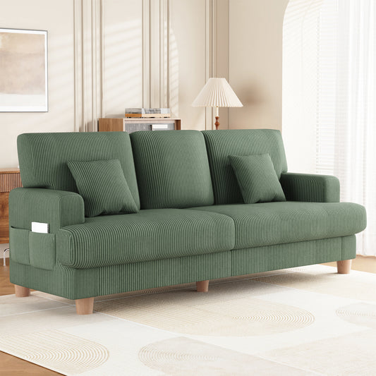 3 Seater Sofa for Living Room, AAQZ 87" Comfy Corduroy Couch, Solid Wood Leg, 2 Pillows, Green