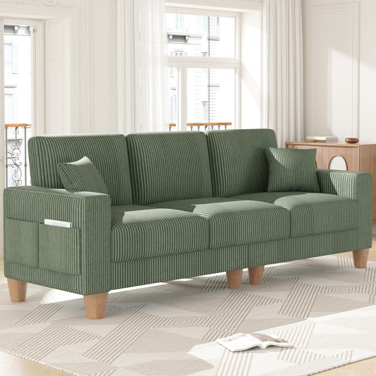 3 Seater Sofa for Living Room, AAQZ 101" Comfy Corduroy Couch, Solid Wood Leg, 2 Pillows, Green