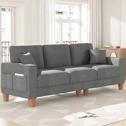 3 Seater Sofa for Living Room, AAQZ 101" Comfy Corduroy Couch, Solid Wood Leg, 2 Pillows, Gray