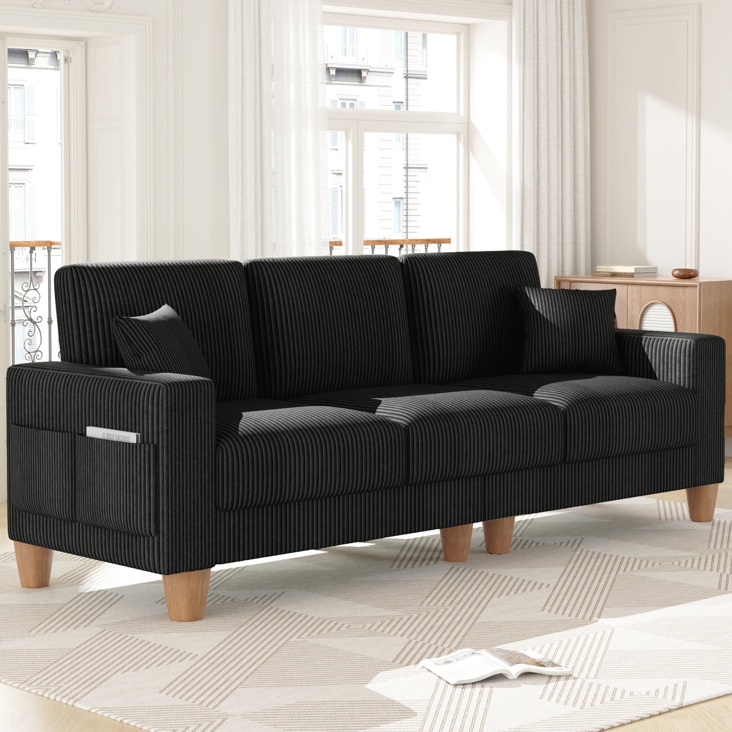 3 Seater Sofa for Living Room, AAQZ 101" Comfy Corduroy Couch, Solid Wood Leg, 2 Pillows, Black
