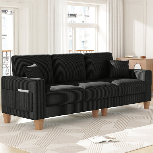 3 Seater Sofa for Living Room, AAQZ 101" Comfy Corduroy Couch, Solid Wood Leg, 2 Pillows, Black