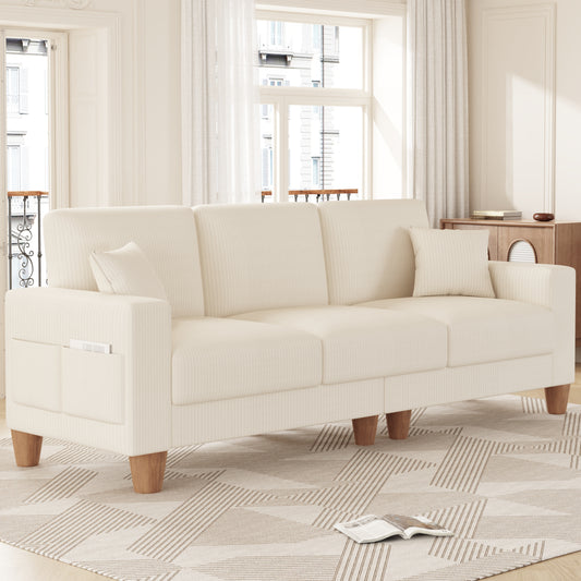 3 Seater Sofa for Living Room, AAQZ 101" Comfy Corduroy Couch, Solid Wood Leg, 2 Pillows, Beige
