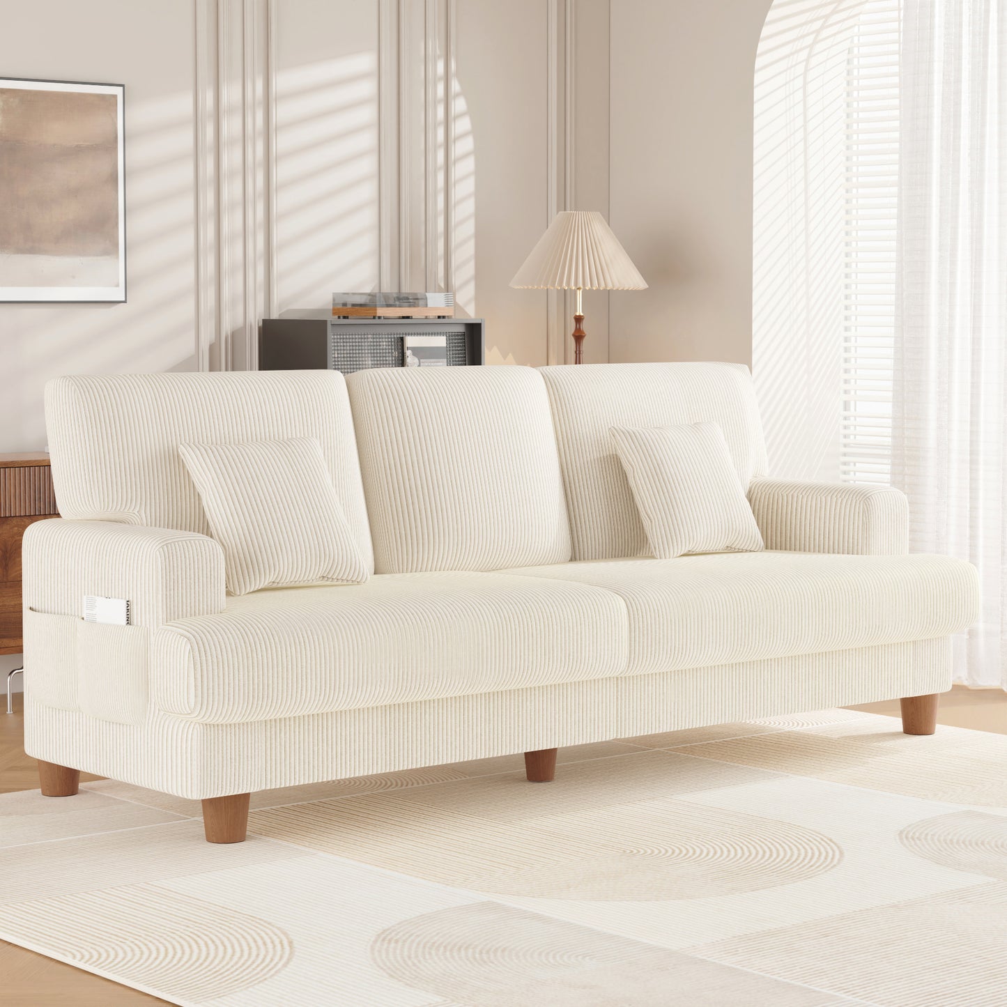 3 Seater Sofa for Living Room, AAQZ 87" Comfy Corduroy Couch, Solid Wood Leg, 2 Pillows, Beige