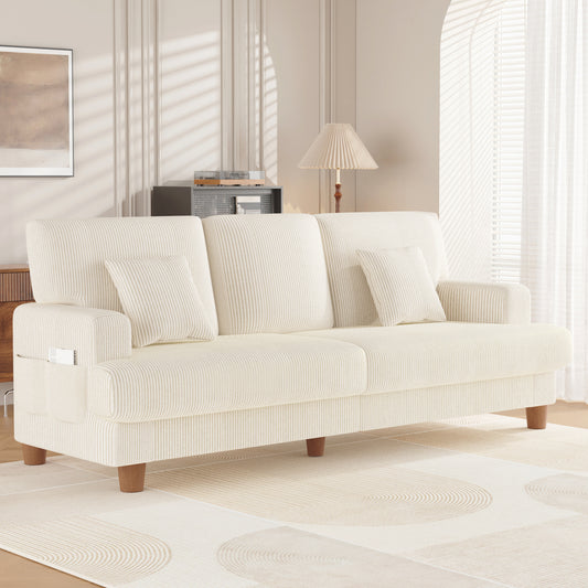 3 Seater Sofa for Living Room, AAQZ 87" Comfy Corduroy Couch, Solid Wood Leg, 2 Pillows, Beige