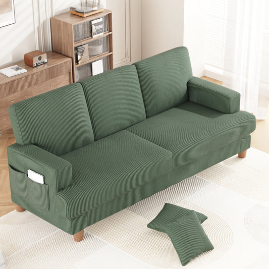 3 Seater Sofa for Living Room, AAQZ 87" Comfy Corduroy Couch, Solid Wood Leg, 2 Pillows, Green