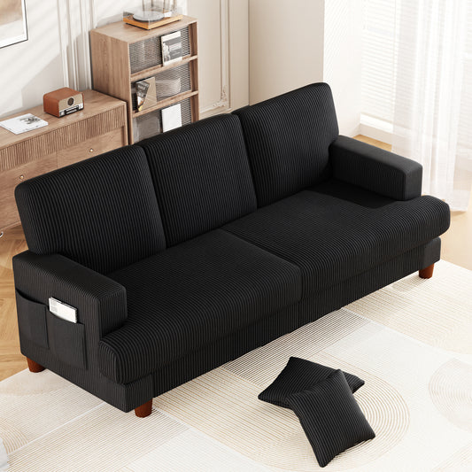 3 Seater Sofa for Living Room, AAQZ 87" Comfy Corduroy Couch, Solid Wood Leg, 2 Pillows, Black