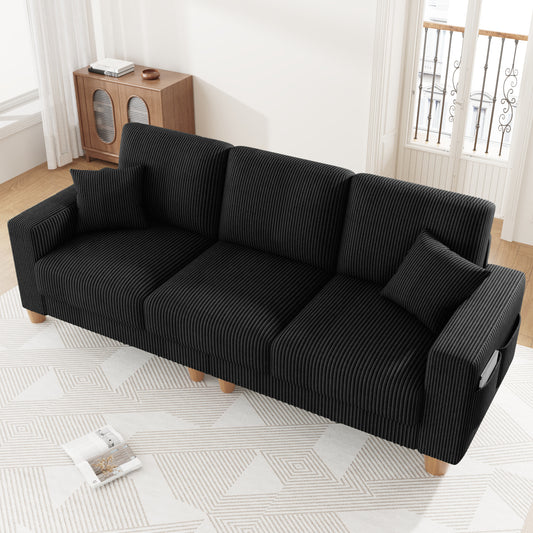 3 Seater Sofa for Living Room, AAQZ 101" Comfy Corduroy Couch, Solid Wood Leg, 2 Pillows, Black