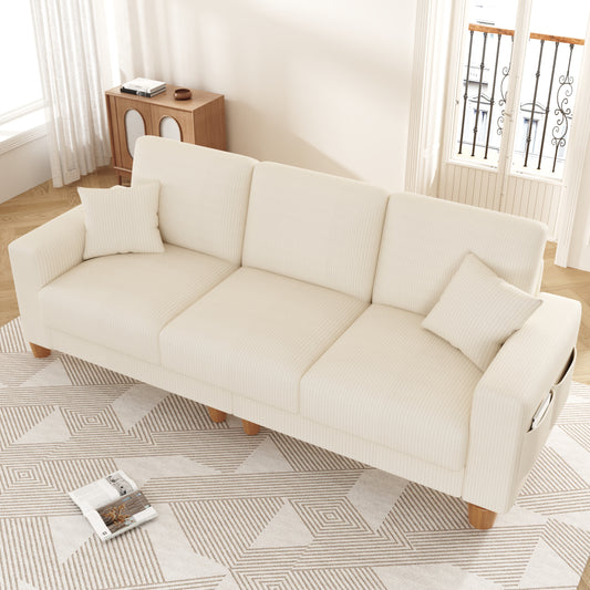 3 Seater Sofa for Living Room, AAQZ 101" Comfy Corduroy Couch, Solid Wood Leg, 2 Pillows, Beige