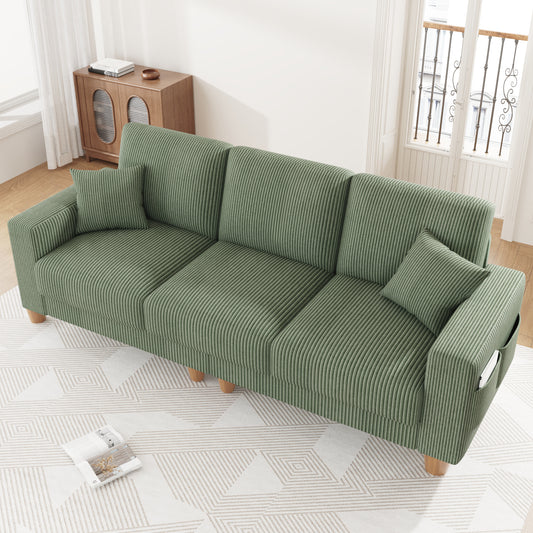 3 Seater Sofa for Living Room, AAQZ 101" Comfy Corduroy Couch, Solid Wood Leg, 2 Pillows, Green