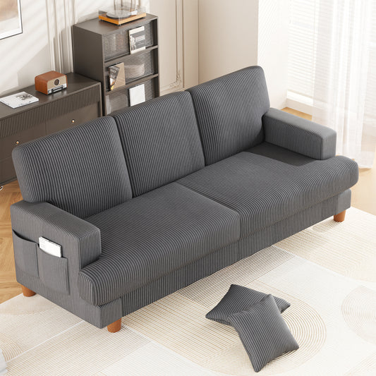 3 Seater Sofa for Living Room, AAQZ 87" Comfy Corduroy Couch, Solid Wood Leg, 2 Pillows, Gray