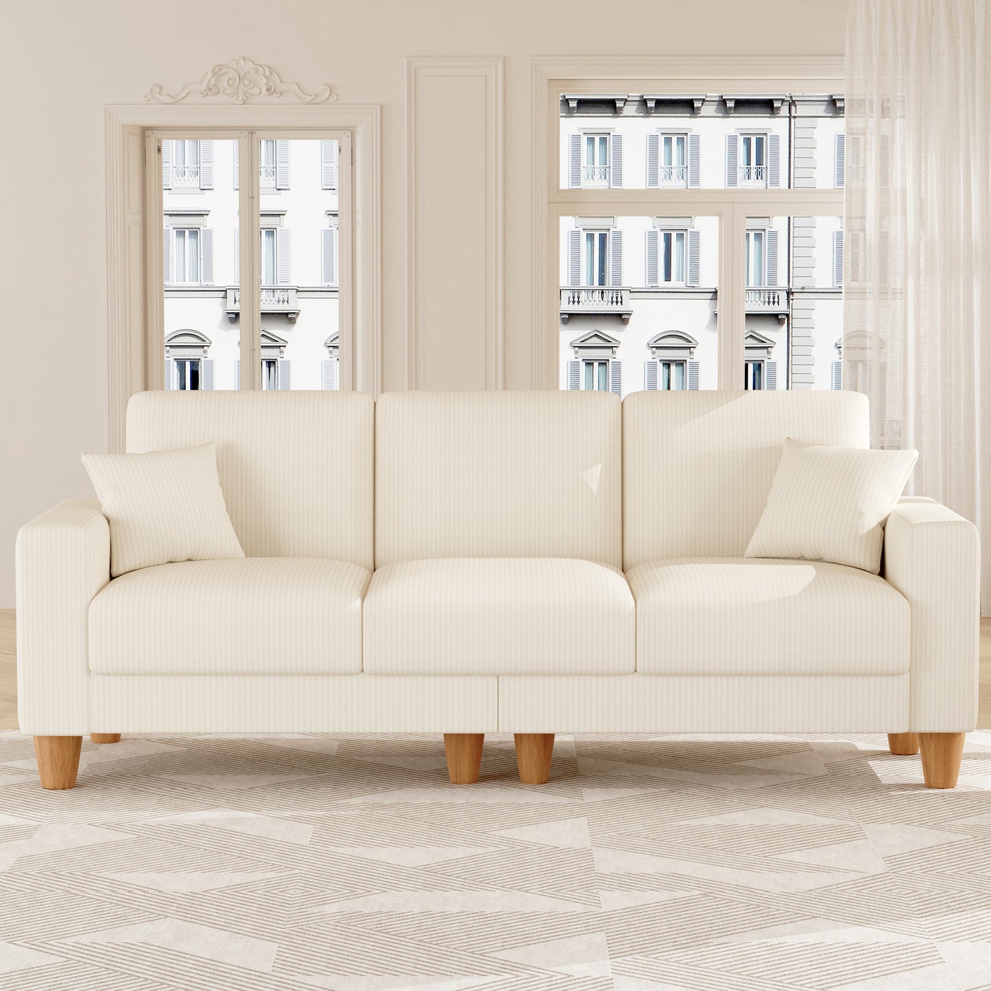 3 Seater Sofa for Living Room, AAQZ 101" Comfy Corduroy Couch, Solid Wood Leg, 2 Pillows, Beige