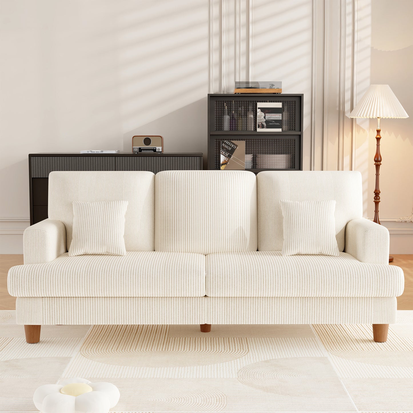 3 Seater Sofa for Living Room, AAQZ 87" Comfy Corduroy Couch, Solid Wood Leg, 2 Pillows, Beige