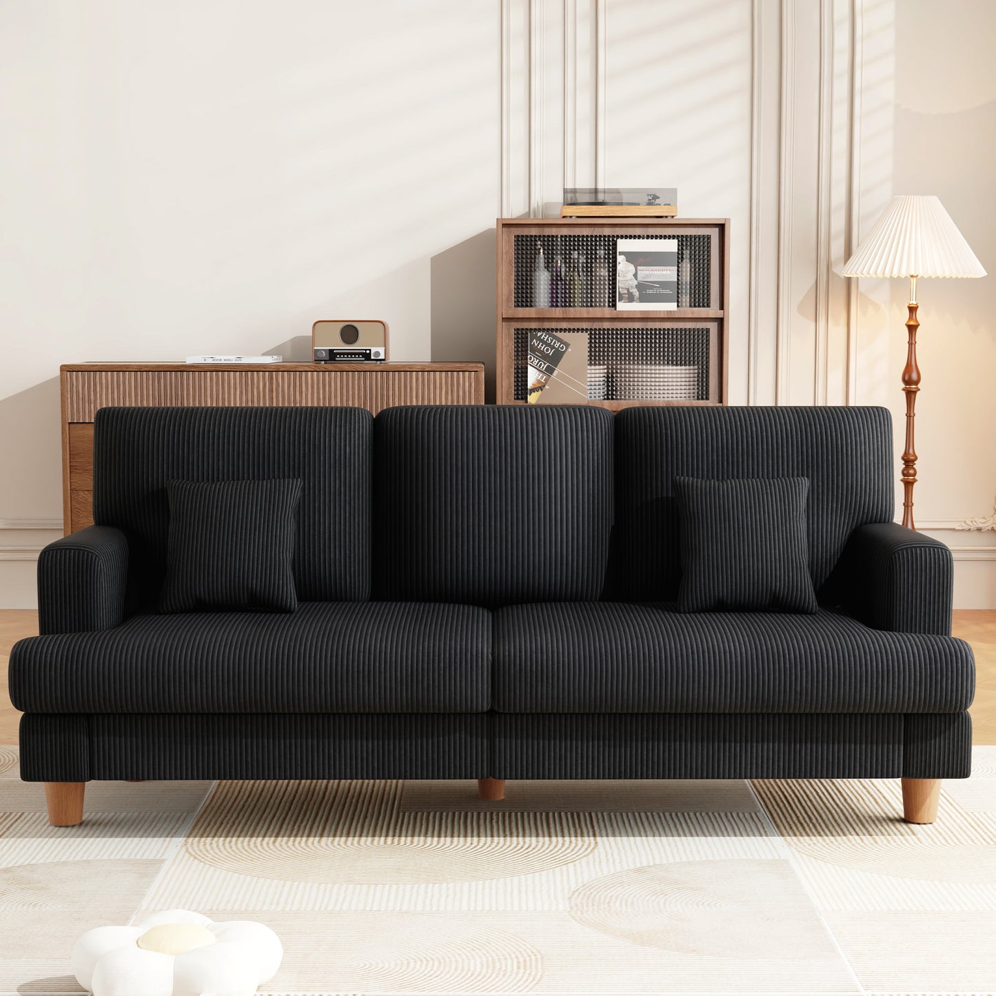 3 Seater Sofa for Living Room, AAQZ 87" Comfy Corduroy Couch, Solid Wood Leg, 2 Pillows, Black