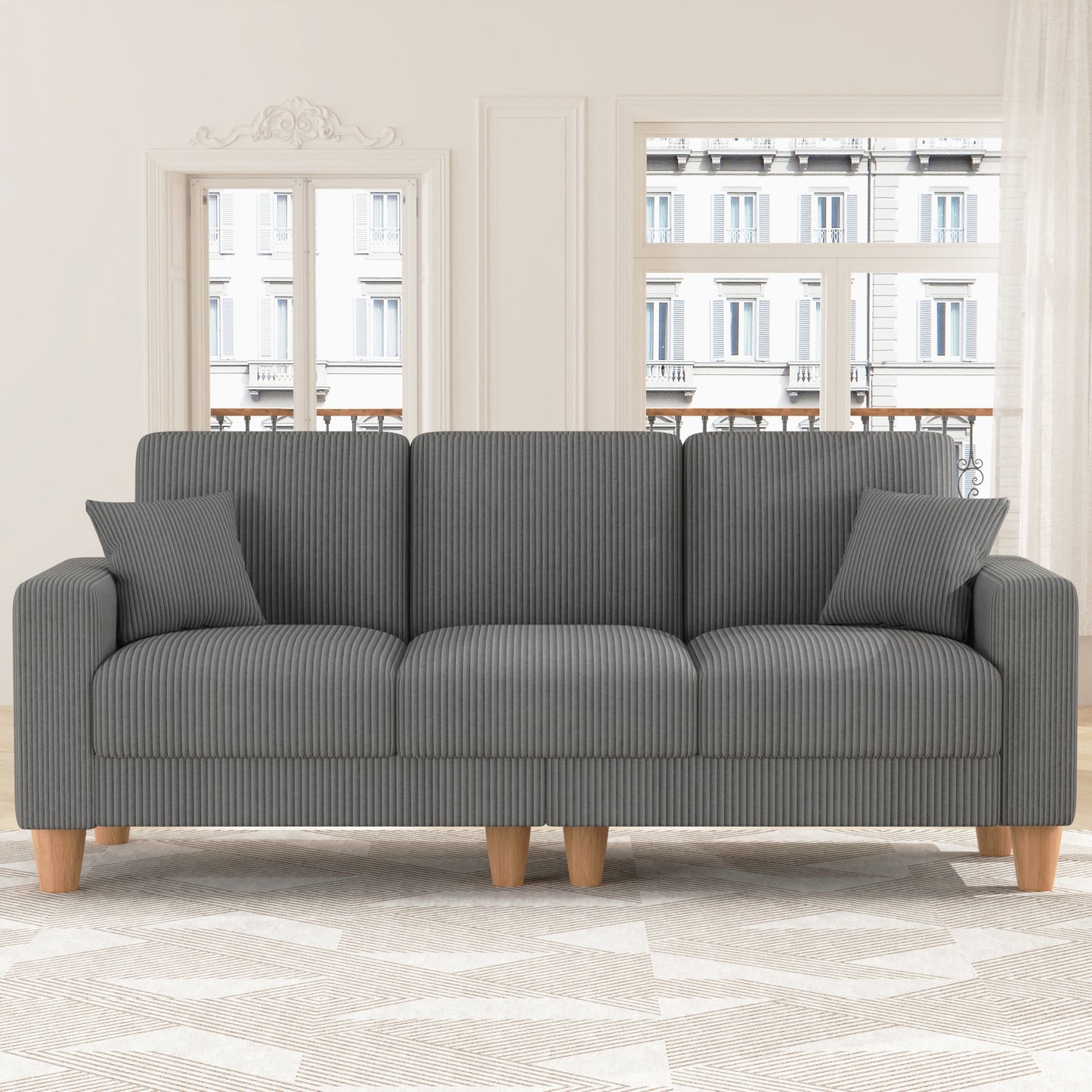 3 Seater Sofa for Living Room, AAQZ 101" Comfy Corduroy Couch, Solid Wood Leg, 2 Pillows, Gray