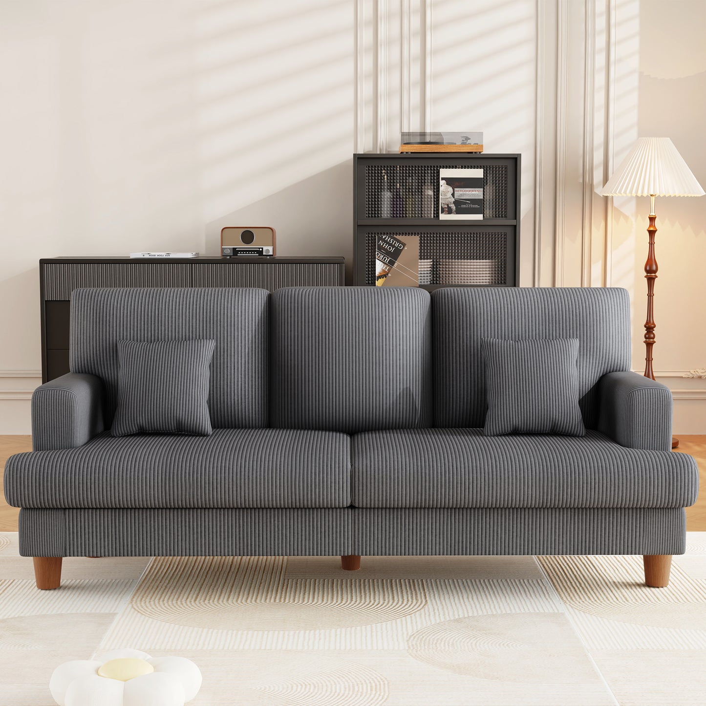 3 Seater Sofa for Living Room, AAQZ 87" Comfy Corduroy Couch, Solid Wood Leg, 2 Pillows, Gray