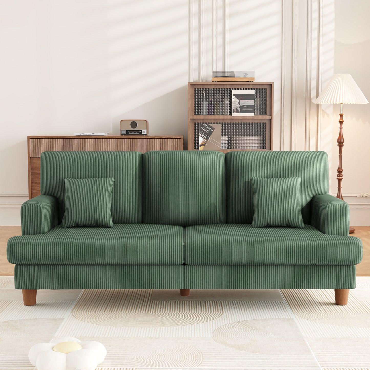 3 Seater Sofa for Living Room, AAQZ 87" Comfy Corduroy Couch, Solid Wood Leg, 2 Pillows, Green