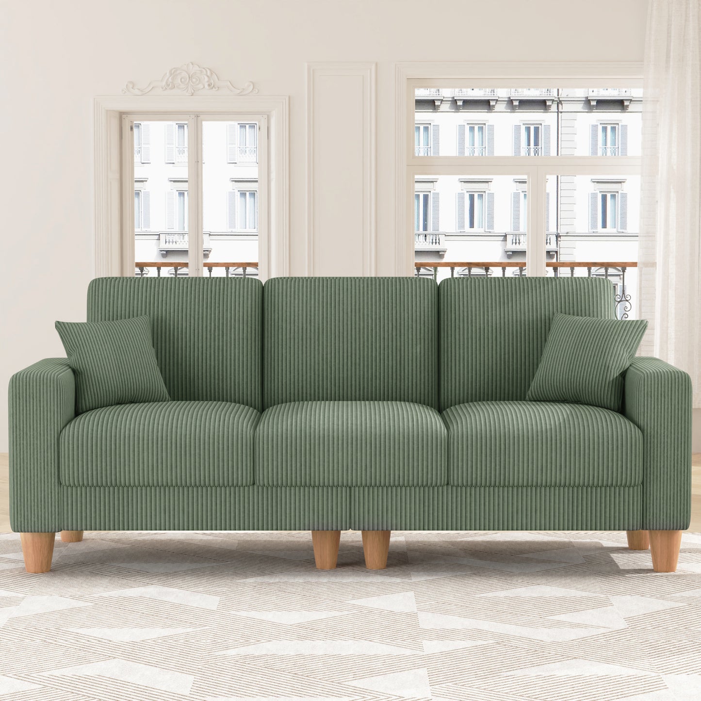 3 Seater Sofa for Living Room, AAQZ 101" Comfy Corduroy Couch, Solid Wood Leg, 2 Pillows, Green