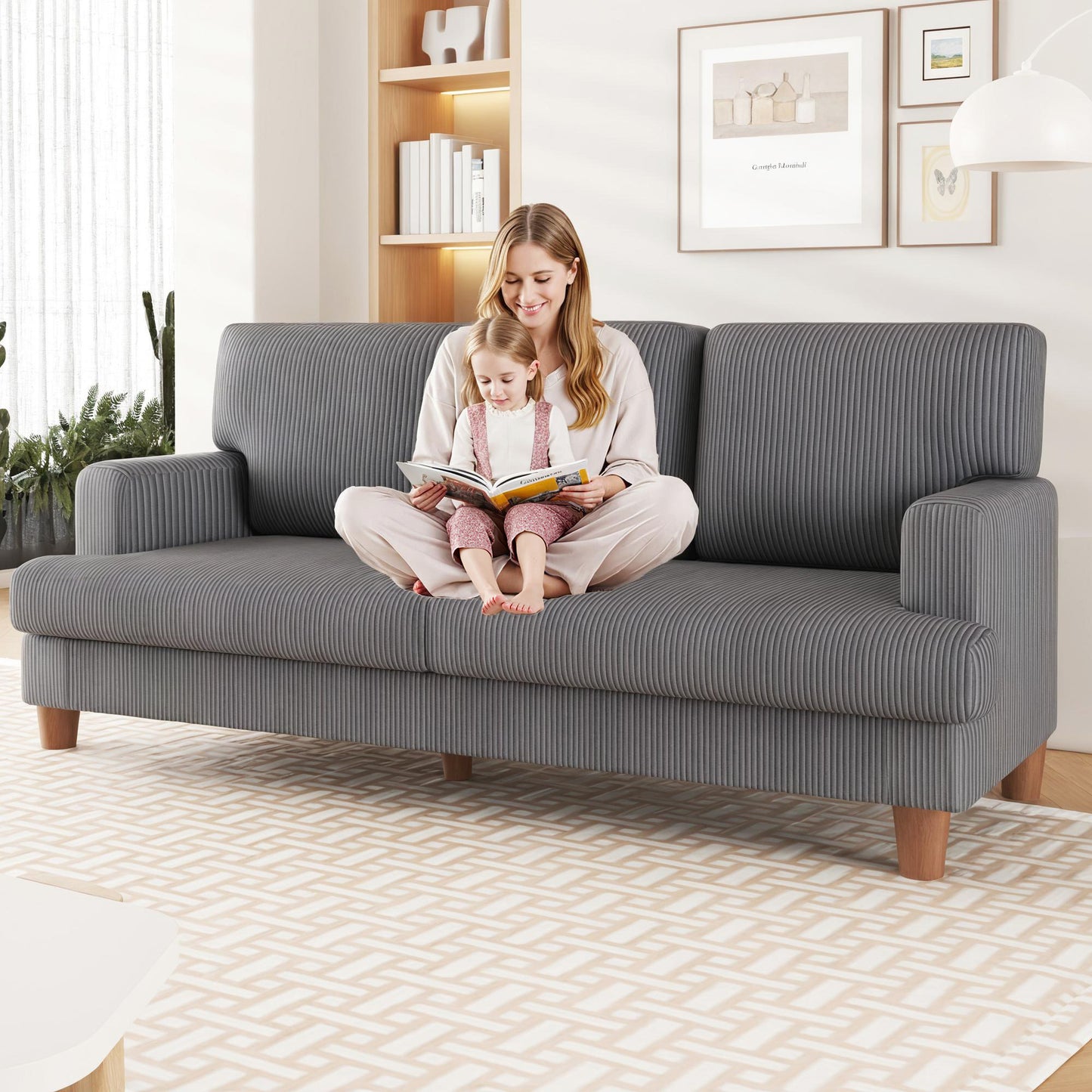 3 Seater Sofa for Living Room, AAQZ 87" Comfy Corduroy Couch, Solid Wood Leg, 2 Pillows, Gray