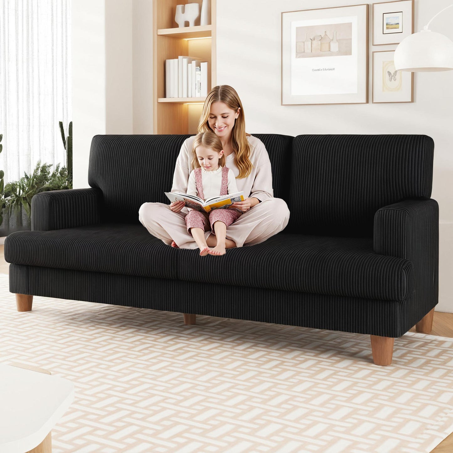 3 Seater Sofa for Living Room, AAQZ 87" Comfy Corduroy Couch, Solid Wood Leg, 2 Pillows, Black