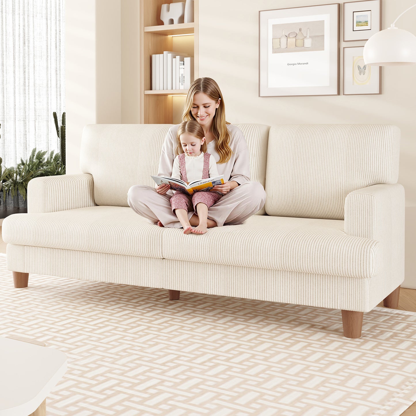 3 Seater Sofa for Living Room, AAQZ 87" Comfy Corduroy Couch, Solid Wood Leg, 2 Pillows, Beige