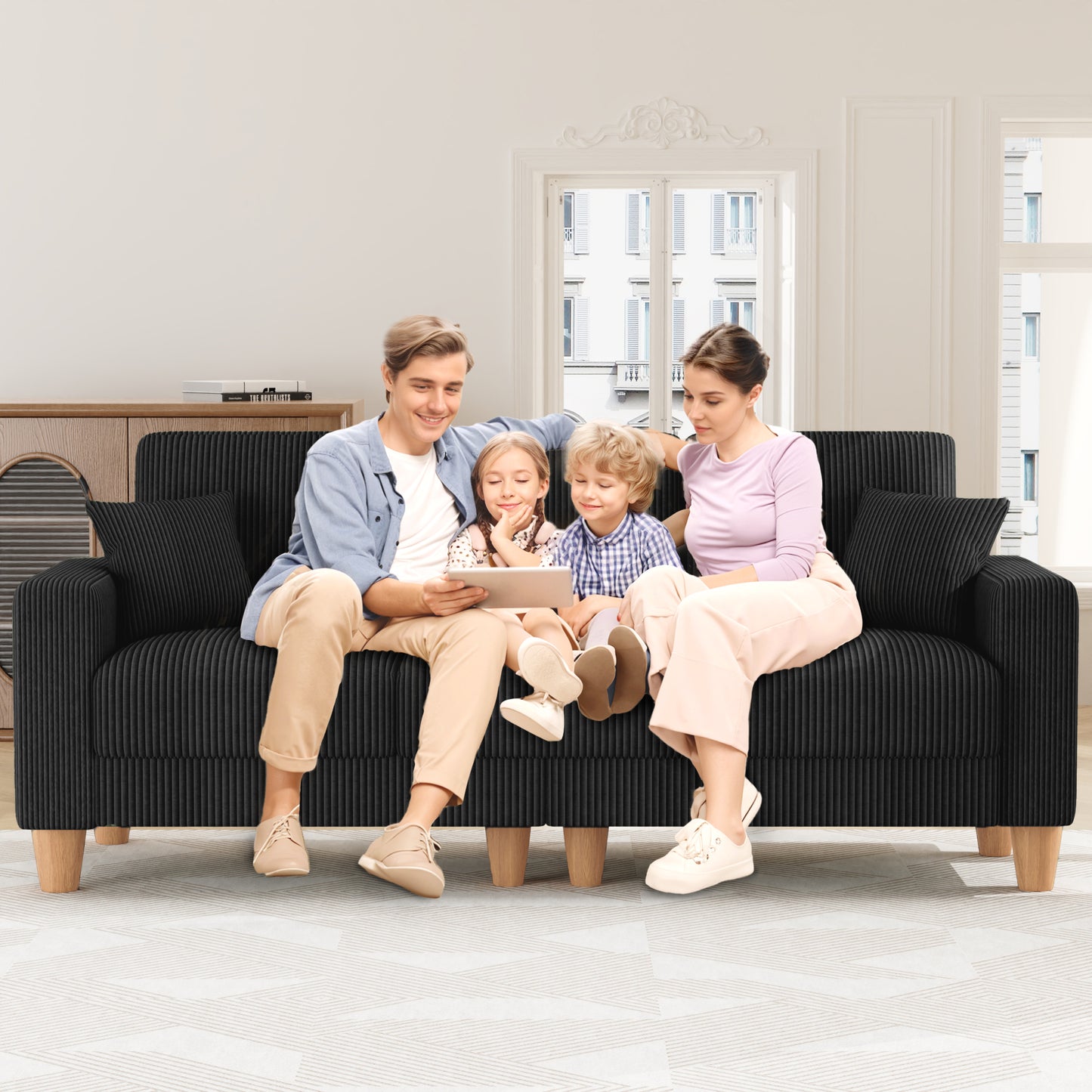 3 Seater Sofa for Living Room, AAQZ 101" Comfy Corduroy Couch, Solid Wood Leg, 2 Pillows, Black