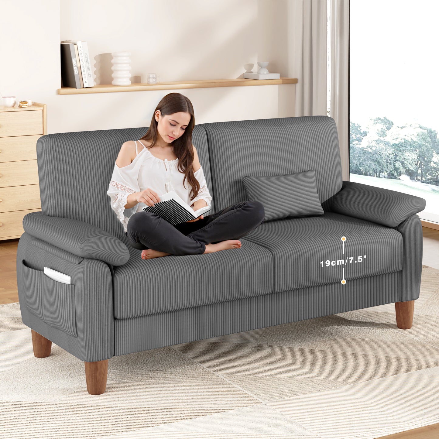 71” Corduroy Sofa for Living Room, AAQZ Small Comfy Couch for Small Space, One Box, Loveseat,Gray
