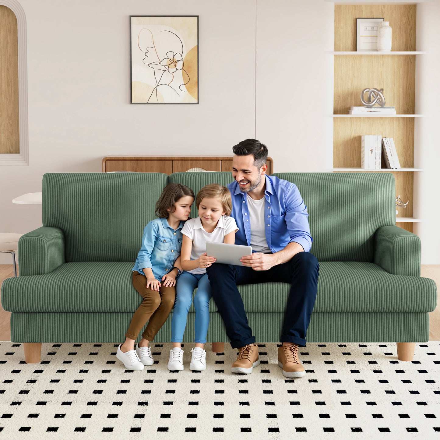 3 Seater Sofa for Living Room, AAQZ 87" Comfy Corduroy Couch, Solid Wood Leg, 2 Pillows, Green