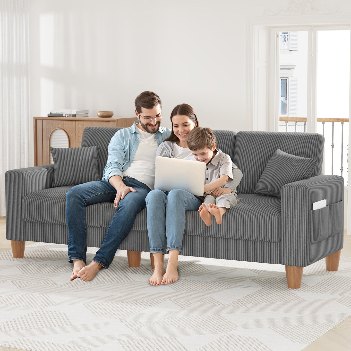 3 Seater Sofa for Living Room, AAQZ 101" Comfy Corduroy Couch, Solid Wood Leg, 2 Pillows, Gray