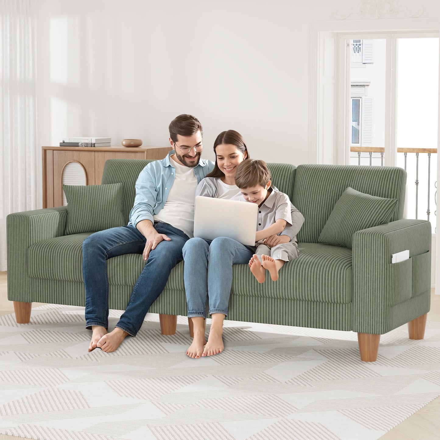 3 Seater Sofa for Living Room, AAQZ 101" Comfy Corduroy Couch, Solid Wood Leg, 2 Pillows, Green